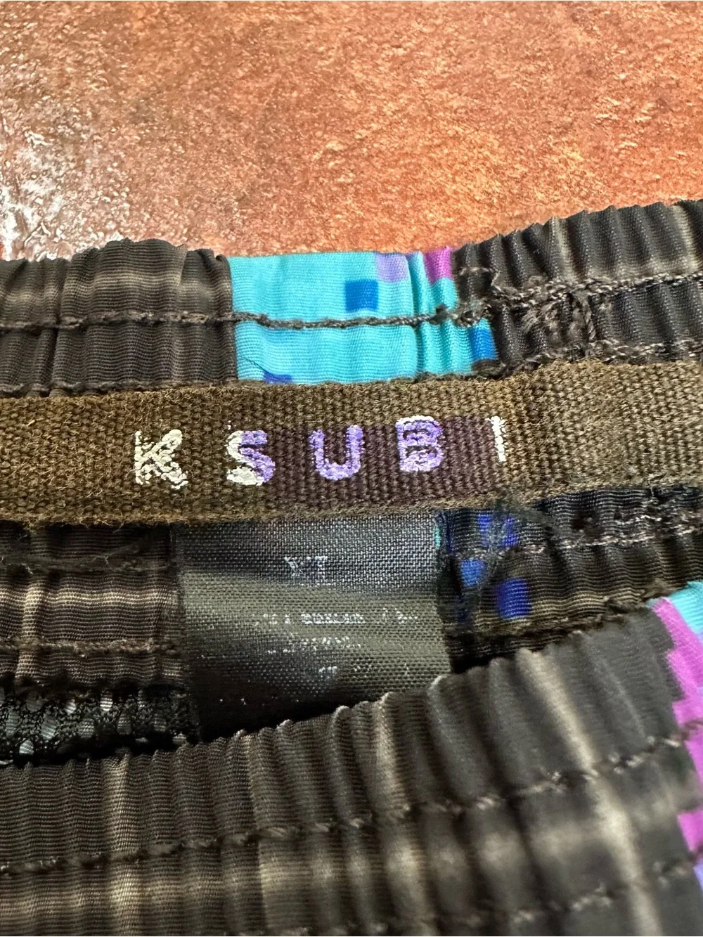 Ksubi Black Pixelated Swim Shorts with Teal & Purple Pixel Accents